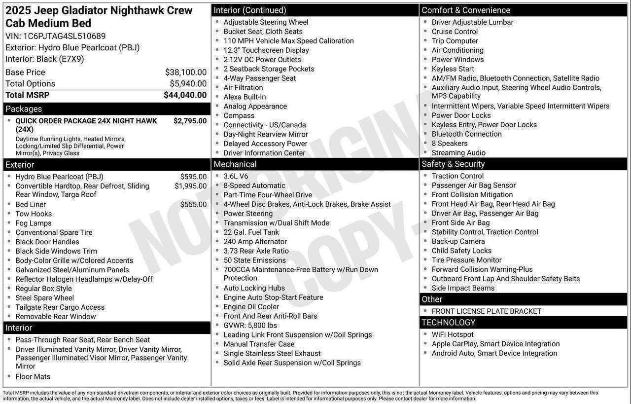 2025 Jeep Gladiator GLADIATOR NIGHTHAWK 4X4