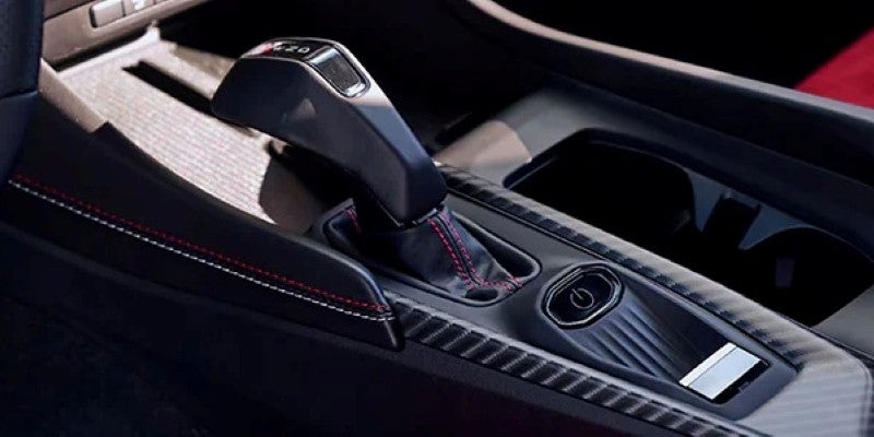 The gear selector and console trim in the Dodge Charger interior