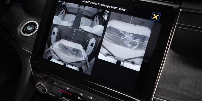 Close-up of the interior camera view on the touchscreen in a Jeep SUV