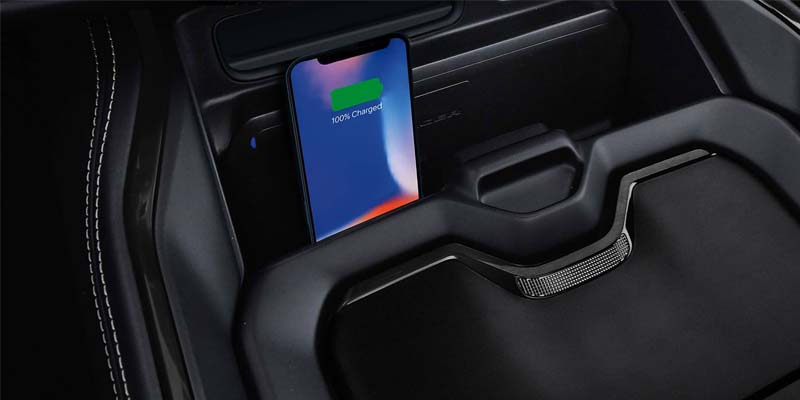 Smartphone wirelessly charging in the Ram truck's center console